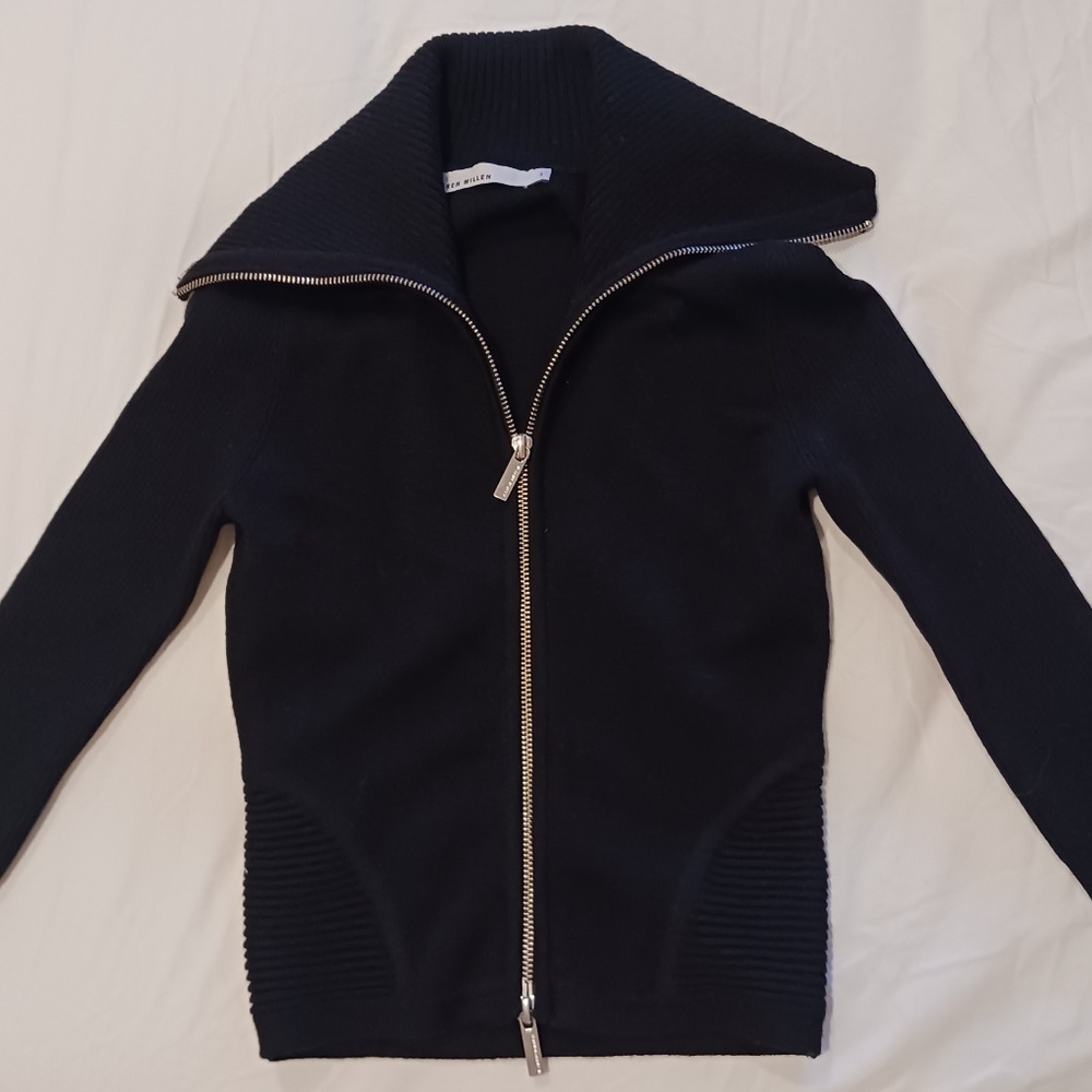 KAREN MILLEN ZIP FRONT WOOL KNIT CARDIGAN SWEATER BLACK UK SIZE 1